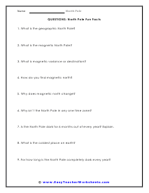 North Pole Fun Facts Question Worksheet