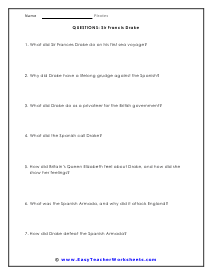 Sir Francis Drake Question Worksheet