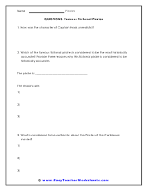 Fictional Pirates Question Worksheet