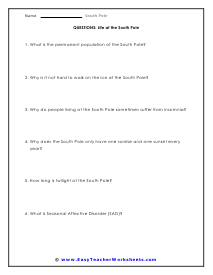Life at the South Pole Question Worksheet