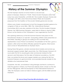 History of the Summer Olympics Reading Worksheet