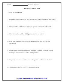 Tokyo 2020 Question Worksheet