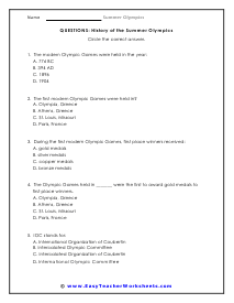 History of the Summer Olympics Multiple Choice Worksheet