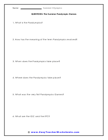 Paralympic Games Short Answer Worksheet