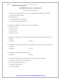 Federal vs. State Courts Question Worksheet