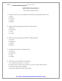 World War II Multiple Choice Worksheet