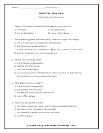 Anne Frank Multiple Choice Worksheet