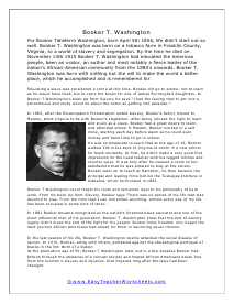 Booker T. Washington Reading Worksheet