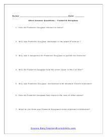 Frederick Douglass Short Answer Question Worksheet