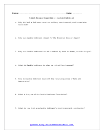 Jackie Robinson Short Answer Worksheet