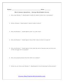 Booker T. Washington Short Answer Question Worksheet