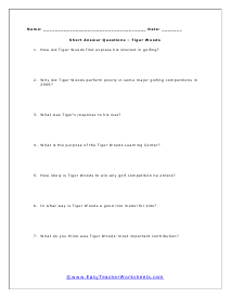 Tiger Woods Short Answer Worksheet