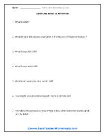 Public vs. Private Bills Question Worksheet