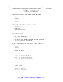 Yukon Territory Multiple Choice Worksheet