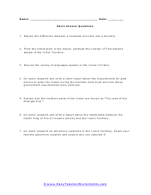 Yukon Territory Short Answer Worksheet