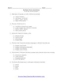 British Columbia Multiple Choice Worksheet