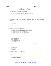 Northwest Territories Multiple Choice Worksheet