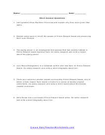 Prince Edward Island Short Answer Worksheet