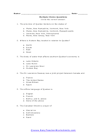 Quebec Multiple Choice Worksheet