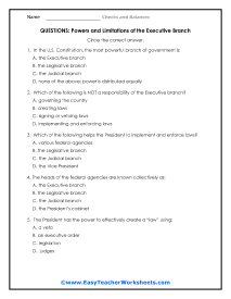 Executive Branch Question Worksheet