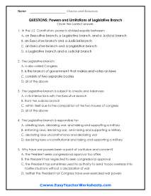 Legislative Branch Question Worksheet