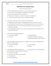 Federalist Papers Question Worksheet