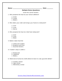 Chefs, Cooks and Bakers Multiple Choice Worksheet