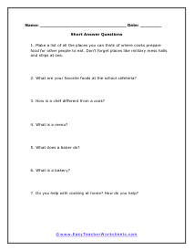 Chefs, Cooks and Bakers Short Answer Worksheet