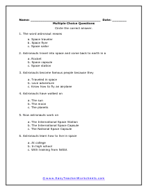 Astronauts Multiple Choice Worksheet