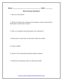 Astronauts Short Answer Worksheet