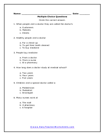 Doctors and Nurses Multiple Choice Worsheet