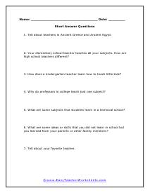 Teachers Short Answer Worksheet