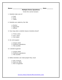 Dentists Multiple Choice Worksheet