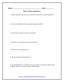 Dentists Short Answer Worksheet