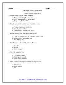 Police Officers Multiple Choice Worksheet