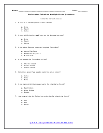 Encounter between New and Old Worlds - Printable Multiple-Choice Quiz on  the Columbus Exchange, Grades 7-12