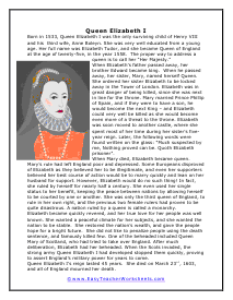 Queen Elizabeth I Reading Worksheet