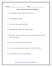 Julius Caesar Short Answer Worksheet