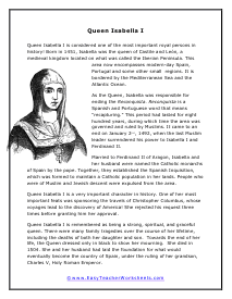 Queen Isabella I Reading Worksheet