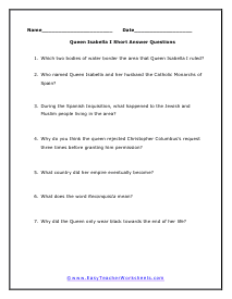 Queen Isabella Short Answer Worksheet