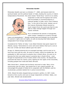 Mohandas Gandhi Reading Worksheet