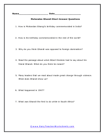 Ghandi Short Answer Worksheet