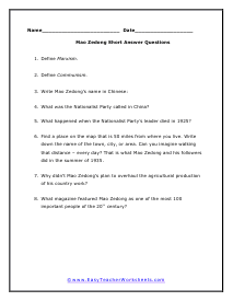 Mao Zedong Short Answer Worksheet