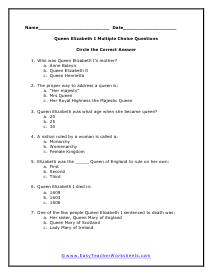 Queen Elizabeth I Multiple Choice Worksheet