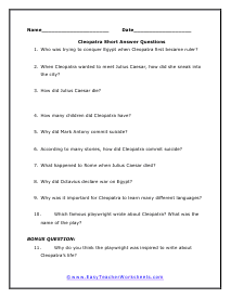Cleopatra Short Answer Worksheet
