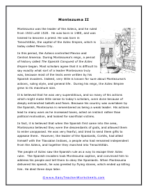 Montezuma II Reading Worksheet