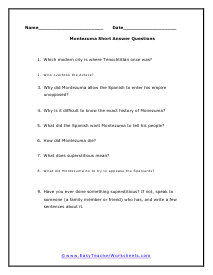 Montezuma Short Answer Worksheet