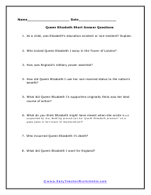 Queen Elizabeth Short Answer Worksheet