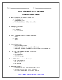 Shaka Zulu Multiple Choice Worksheet