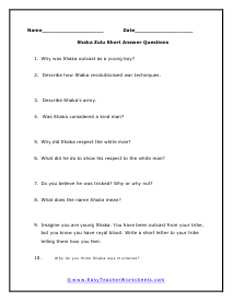 Shaka Zulu Short Answer Worksheet